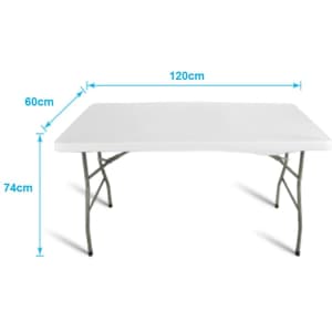 A white rectangular table with folding legs, measuring 120cm by 60cm, displayed against a plain background.
