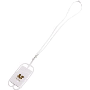 A white phone holder featuring a silicone lanyard and a logo, designed for carrying devices securely.