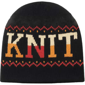 A black Jacquard beanie with a colourful knit pattern and the word "Knit" prominently displayed.