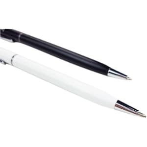 Aluminium Cross Pens in black and white, featuring chrome accents and a branding logo on the surface.