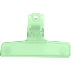 A translucent green plastic magnetic clip with a simple design and a hole for hanging.