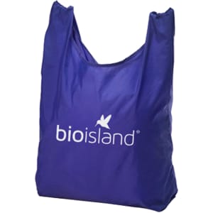 A purple foldaway shopping tote bag featuring a logo, designed for easy storage and transport.