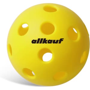 A bright yellow pickleball featuring multiple holes and a logo imprint.