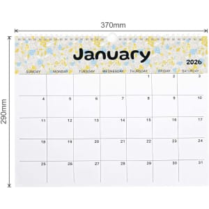 A horizontal wall calendar featuring a floral design at the top and a blank layout for January 2026.