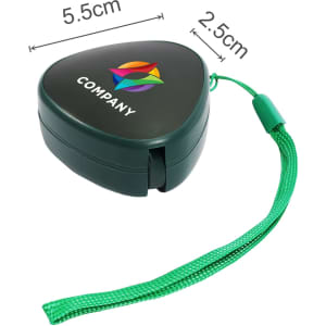 A retractable portable charging cable in a triangular green casing with a logo and a attached green strap.