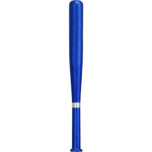 A blue plastic pen shaped like a baseball bat, featuring a silver striped detail near the end.