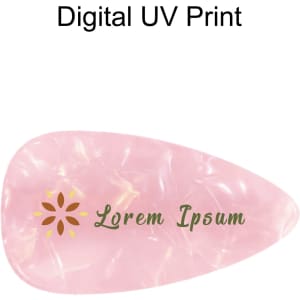 A pink teardrop-shaped hair clip with an iridescent finish and a logo featuring floral design elements.