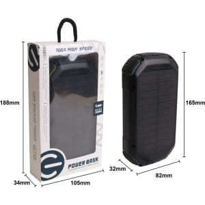 A black outdoor solar wireless power bank with green accents, displayed in its packaging.