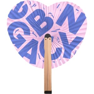 A heart-shaped wooden paper fan features a pink design with bold blue letters and a wooden handle.