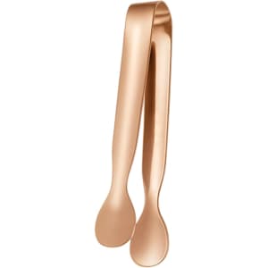 A pair of stainless steel ice tongs in a sleek rose gold finish, featuring rounded ends and a smooth design.