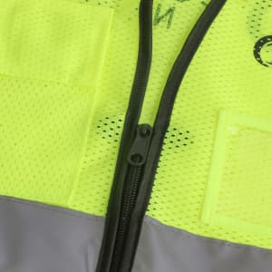 A high-visibility yellow unisex vest featuring reflective tapes and functional pockets, with a zippered front.