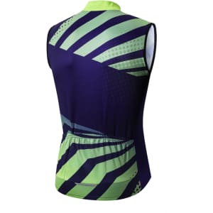 A men's sublimated cycling vest featuring a green and navy blue design with geometric patterns and a logo.