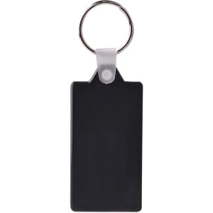 A rectangular hard plastic keyring in black with a silver metal key ring attachment.