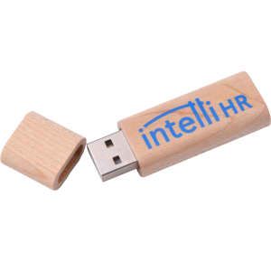A rounded wooden flash drive in natural wood colour, with a removable cap and a logo on the body.