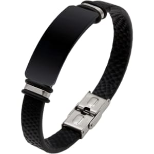A black engraved leather bracelet with a smooth metallic centre and a textured band. It features a clasp closure.