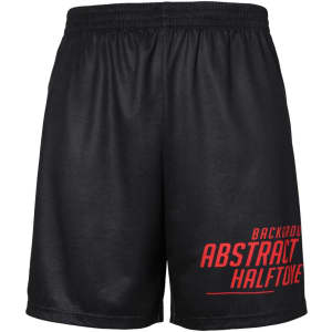 Black unisex running shorts made of 100% polyester, featuring a logo and abstract design.