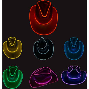 Brightly coloured cowboy hats with illuminated edges in red, yellow, green, blue, purple, and pink. Each hat features a unique design.