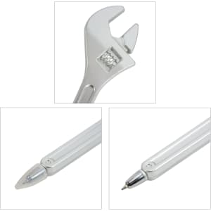 A spanner-shaped ballpoint pen in metallic silver with a shiny finish and detailed design elements.