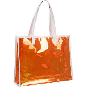 An orange transparent handbag with white handles features a simple design and a logo.