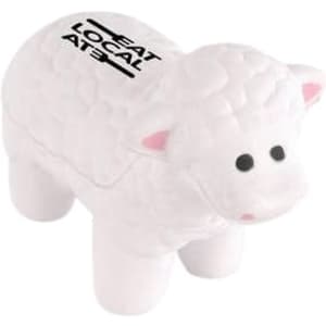 A white sheep-shaped stress reliever with a textured design and black branding on its side.