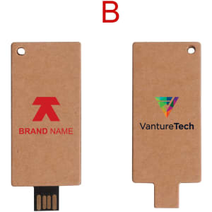 An eco-friendly small card flash drive in a tan colour with logos on both sides.