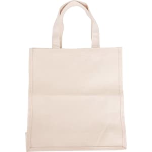 A natural-coloured 340gsm cotton tote bag with sturdy handles and a simple design. It features a logo on one side.