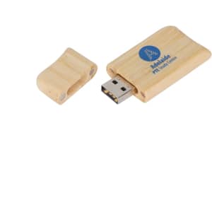 A wooden flash drive in a rectangular shape, featuring a removable cap and a logo on the surface.