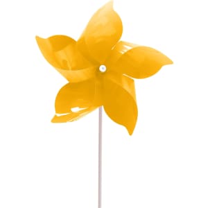 A yellow five-leaf pinwheel with a white stick, designed for outdoor decoration. It features a simple, playful design.