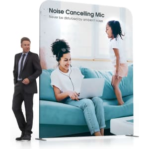 A 2m straight tension fabric display wall featuring a design with a mother and child, showcasing a lounge setting.
