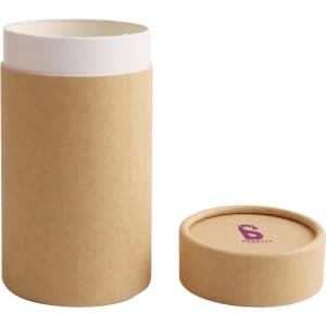 A small, cylindrical, brown paper box with a white interior and a matching lid, featuring a logo.