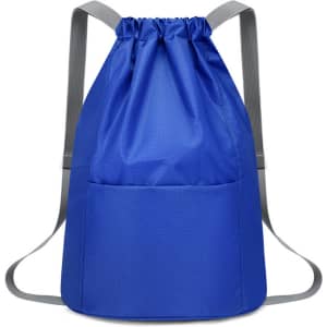 A blue bucket drawstring backpack with grey straps and a front pocket. It features a logo on the front.