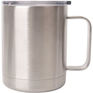A stainless steel 10oz mug with a clear lid and a handle, featuring a sleek, polished finish.