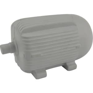 A grey engine-shaped stress reliever with ridged detailing and a small outlet, featuring a branding logo.