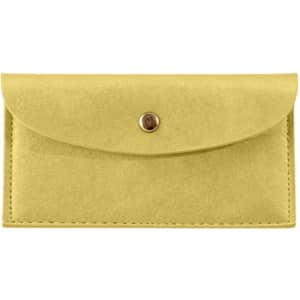 A yellow PU leather glasses pouch with a flap closure and a decorative button. Features a simple logo.