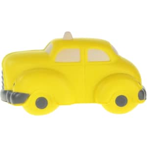 A yellow taxi-shaped stress reliever with black detailing and a roof light. It features a simple design and has a logo.
