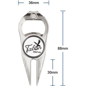 A metallic golf divot tool with a bottle opener, featuring a logo and measuring 88mm by 36mm.