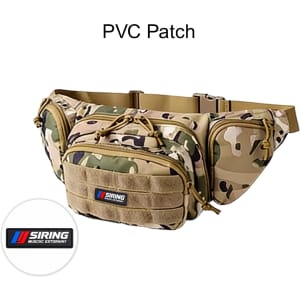 A tactical fanny pack in a camouflage pattern, featuring multiple zippered compartments and a logo patch.