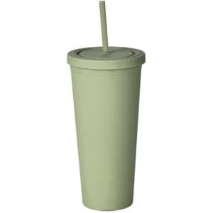 A drink cup in a matte sage green colour with a lid and straw, featuring a logo.