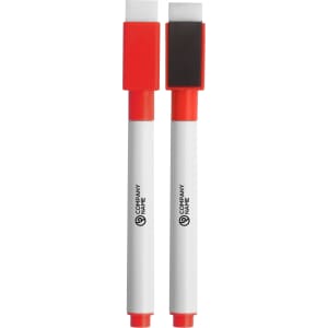 Two red and white magnetic whiteboard markers are displayed, each with a rectangular felt tip and an eraser end.