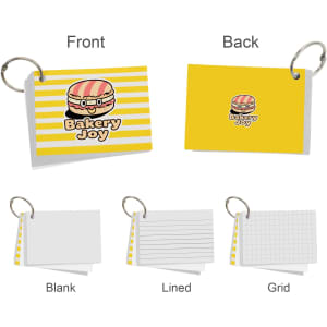 A7 index cards on a ring, featuring a yellow and white striped design with a burger illustration. Includes blank, lined, and grid options.