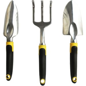 A garden hand tool set featuring three stainless steel tools with black and yellow handles.