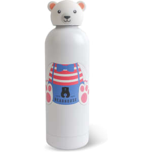 A drink bottle featuring a polar bear head cap, white body, and a playful design with a striped pattern.