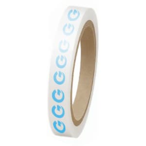 A roll of white BOPP packaging tape featuring a repeating blue logo pattern.