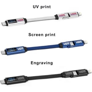 A 100W 3-In-1 aluminium charging cable in white, blue, and black featuring a digital display and logo.