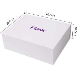 A large white foldable magnetic box with dimensions displayed. It features a logo on the top surface.