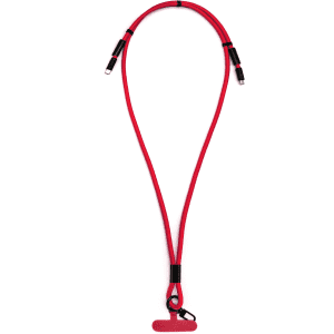 A red charging phone lanyard with connectors at both ends and a secure attachment point. It features a logo.