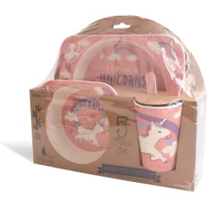 A bamboo fibre dinner set in pink featuring unicorn designs, including plates, a cup, and utensils, all in packaging.