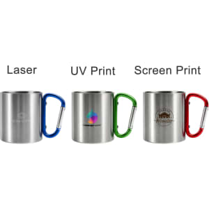 A stainless steel insulated travel mug with a carabiner handle, available in silver with various handle colours.