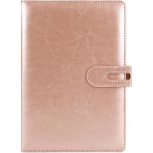 A rose gold PU notebook with a smooth finish and a clasp closure. Features a logo on the front.