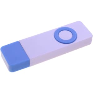 A purple and blue flash drive with a circular button and a logo on the surface.